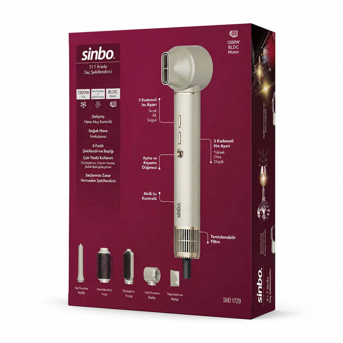 Rose Gold Air Brush 5İN1=BUKLE-HACİMLE-DÜZLEŞTİR-2-FIRÇA Saç Kurutma - Şekil Makinesi 1300W3-KDM.HIZ - Derece SHD-1729 görsel 4
