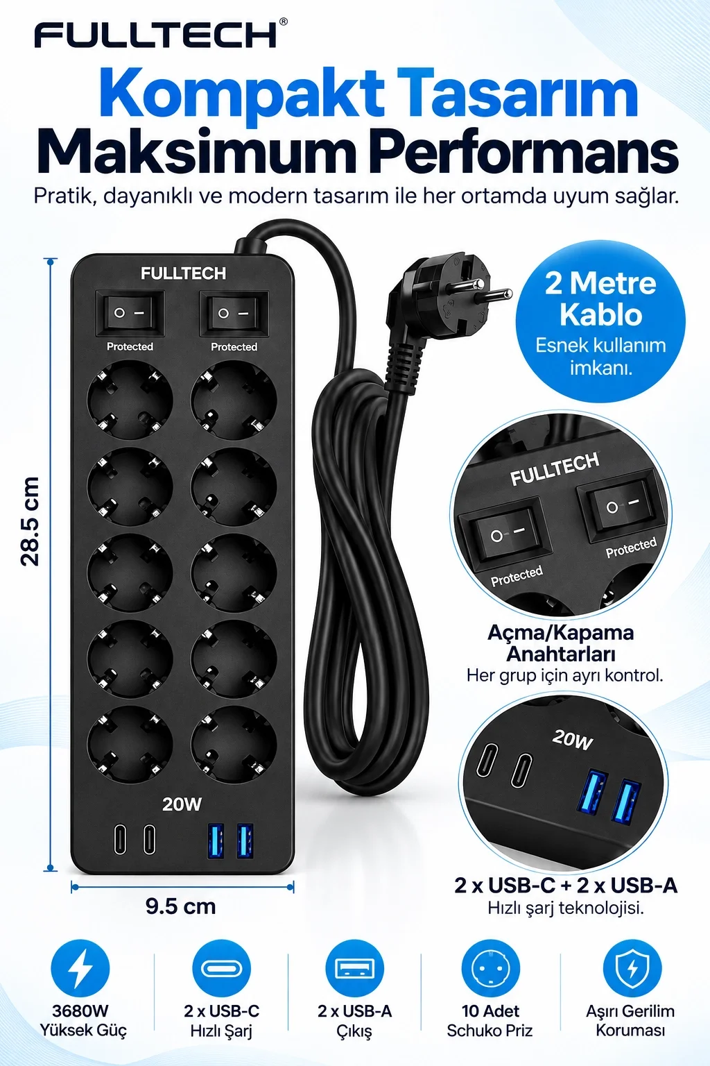 Akım Korumalı 10’lu Çoklu Priz 3680W 20W Hızlı Şarj 2 USB-C 2 USB-A 2 Metre Kablolu Ftr-30 görsel 3