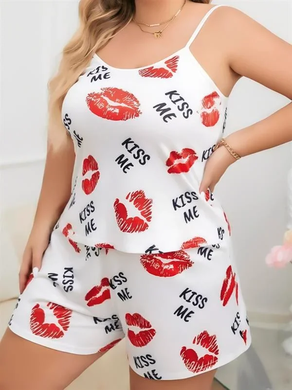 Büyük Beden Kiss Me Öpücük Desen Pamuklu Şortlu Pijama Takımı görsel 2