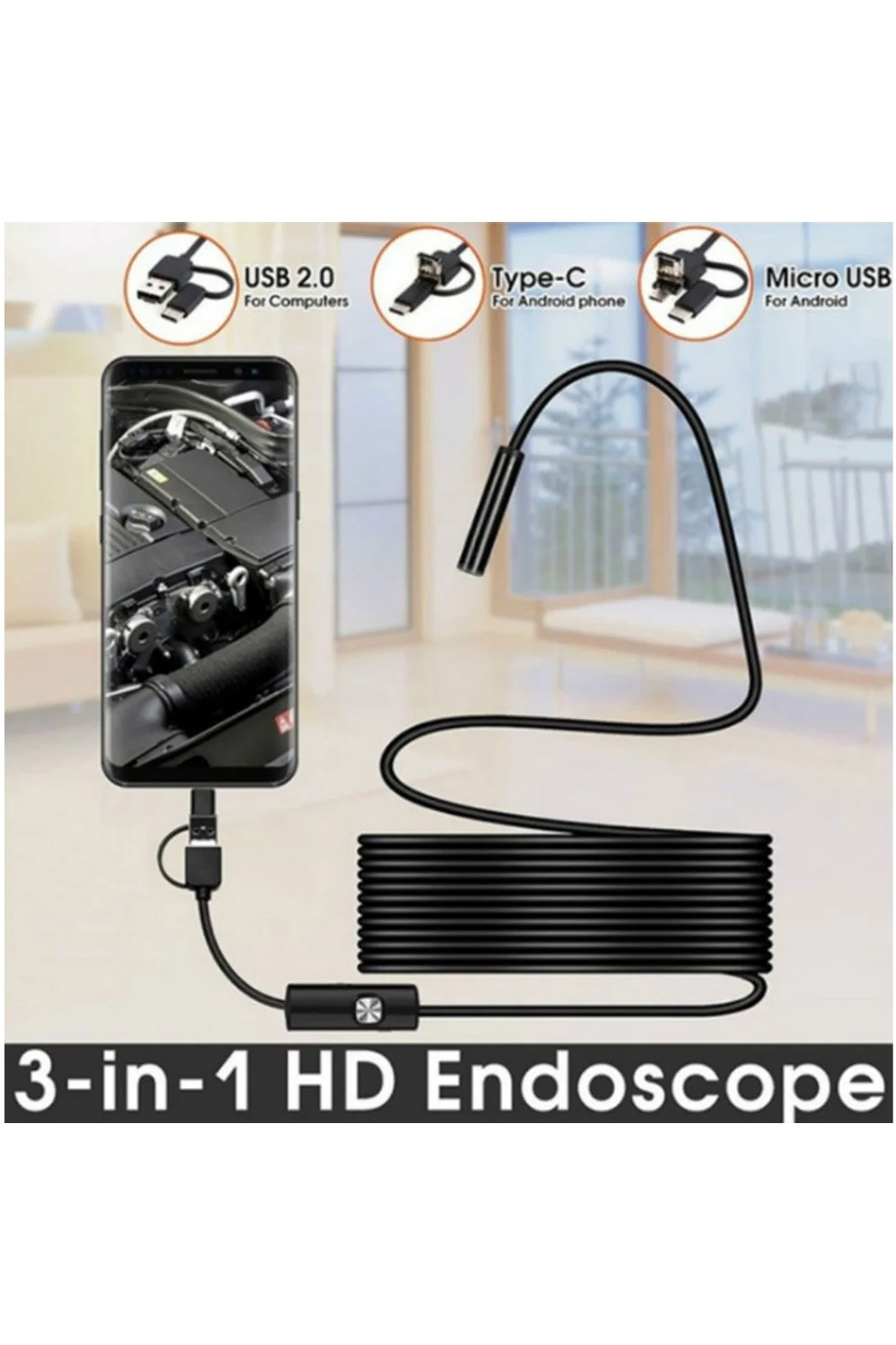 Endoskop 3 in 1 Yılan Kamera USB Micro Usb Type-C 20 Metre yumuşak Kablo görsel 4