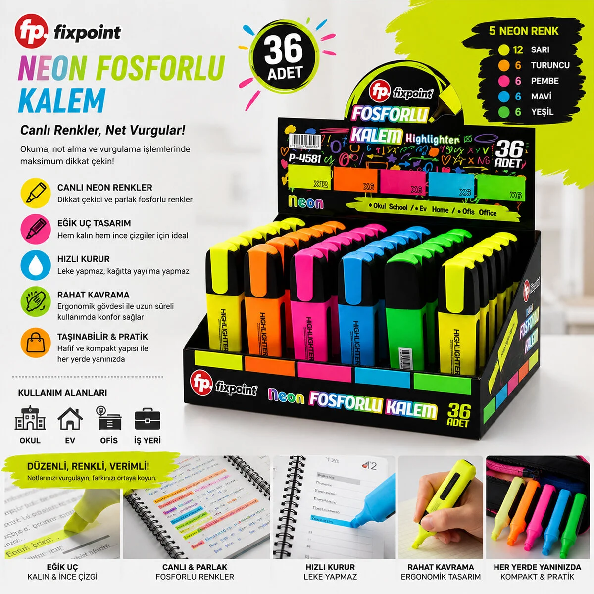 36 Adet Neon Fosforlu Kalem - Standlıdır İçinde 12 - Sarı - 6 - Turuncu - 6 - Pembe - 6 - Mavi - 6 - Yeşil görsel 2
