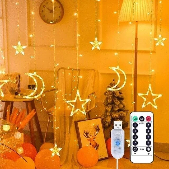 Ay ve Yıldız Figürlü Kumandalı 12 Sarkıtlı 120 LED Dekor Işık – Dekoratif Ortam ve Masaüstü Aydınlatması görsel 5