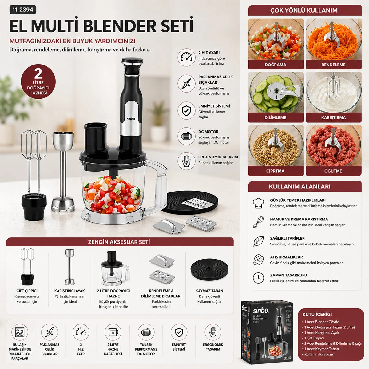 2HIZ Ayar - Paslanmaz Çelik Bıçak El Multi Blender Seti 2 Lt Hazneli SHB-7534 görsel 2
