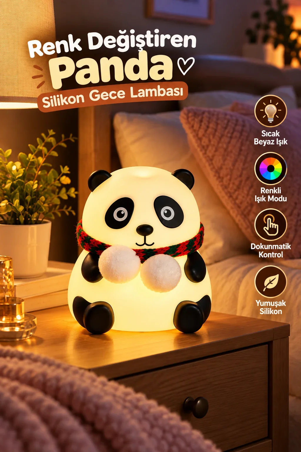 Sevimli Panda Silikon Gece Lambası Renkli Işık Modu Dokunmatik Kontrollü Aydınlatma