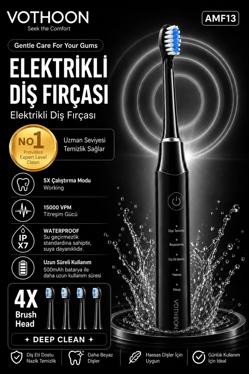 Şarjlı Diş Fırçası 15000 Vpm Titreşim Gücü, 500mah Batarya, 5 Tezlik Modu Siyah