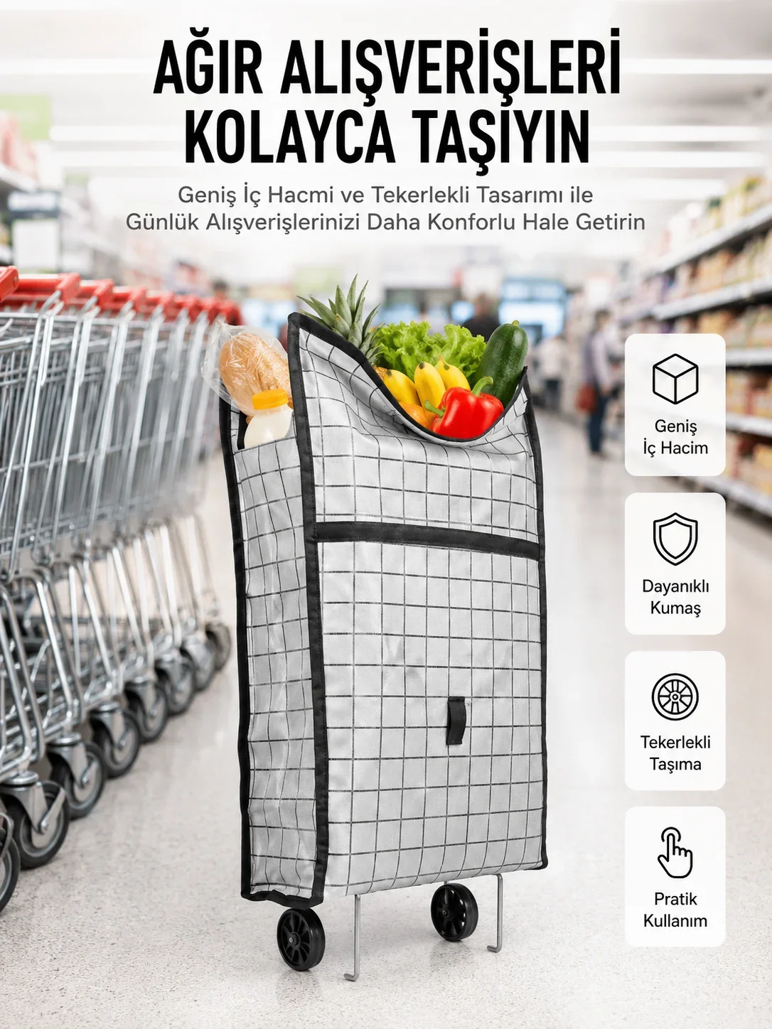 Geniş Hacimli Tekerlekli Pazar Çantası Dayanıklı ve Ergonok
