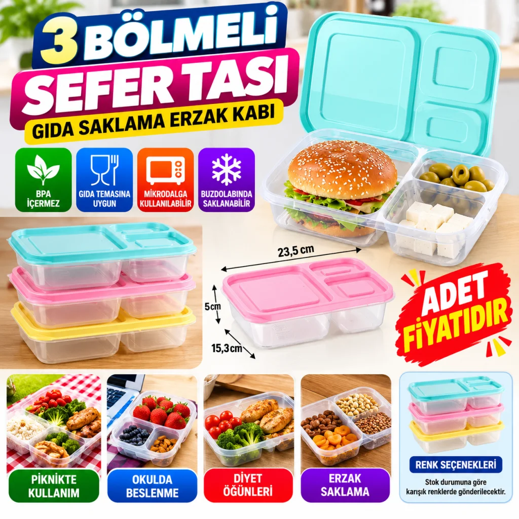 3 Bölmeli Sefer Tası Pratik Kolay Gıda Diyet Saklama Erzak Kabı (adet fiyatıdır)