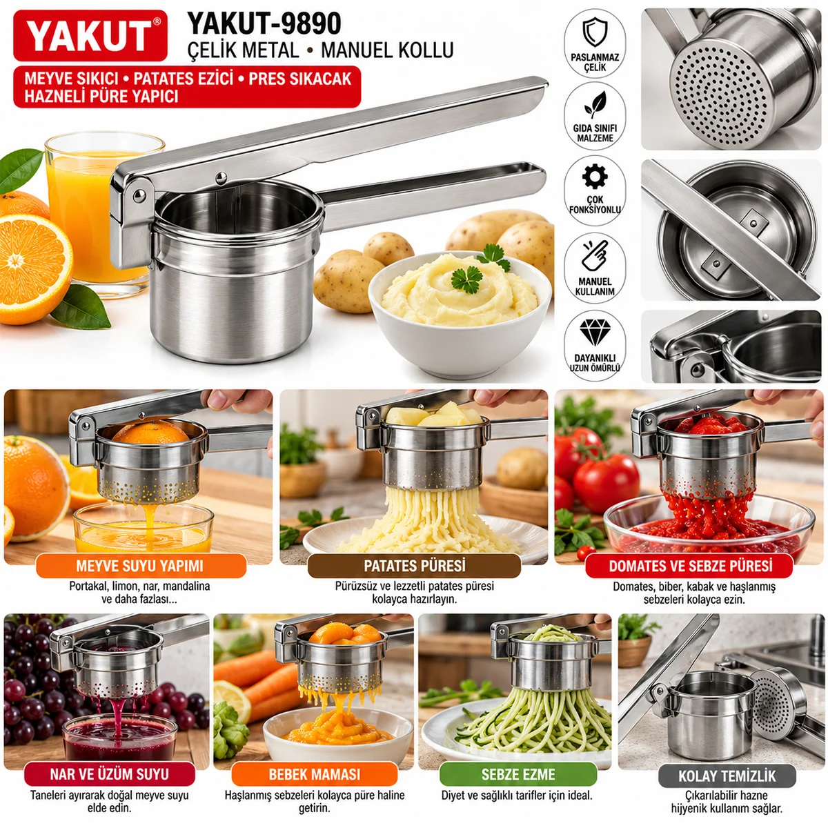 Çelik Manuel Pres Meyve Sıkacağı ve Patates Ezici görsel 3