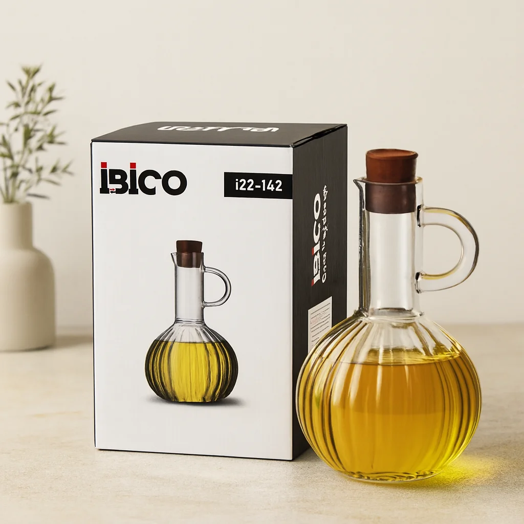 300 ml ni Cam Yağdanlık - Çizgili Desen, Bambu Mantar Tıpalı