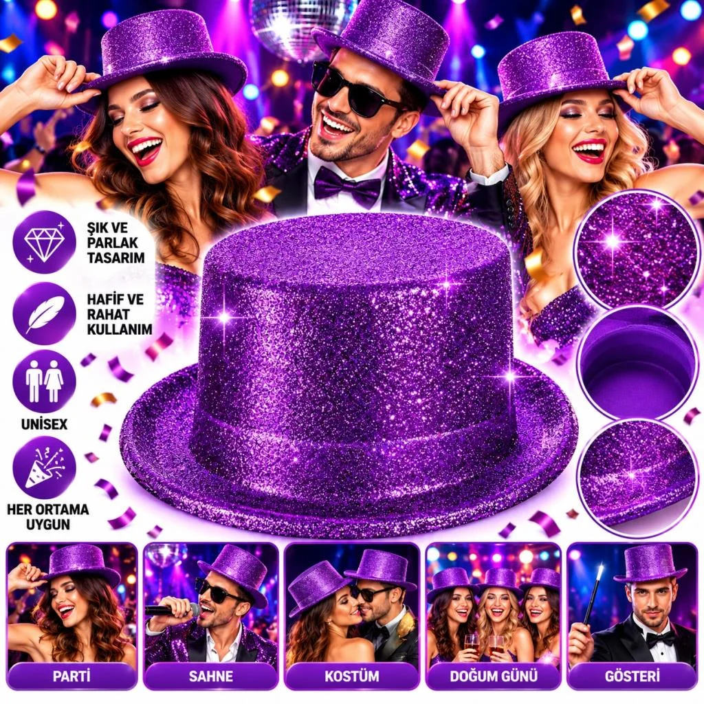 Mor Simli Glitter Silindir Parti Şapkası görsel 2