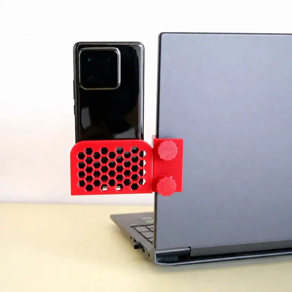 3D Baskı Monitor Telefon Tutucu - Petek Desenli Laptop Kenar Telefon Tutucu-Kırmızı görsel 3