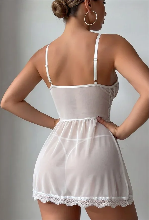 Beyaz Dantelli Korse Görünümlü Önü Bağcıklı Tül Etekli Askılı Babydoll Gecelik Takımı görsel 4