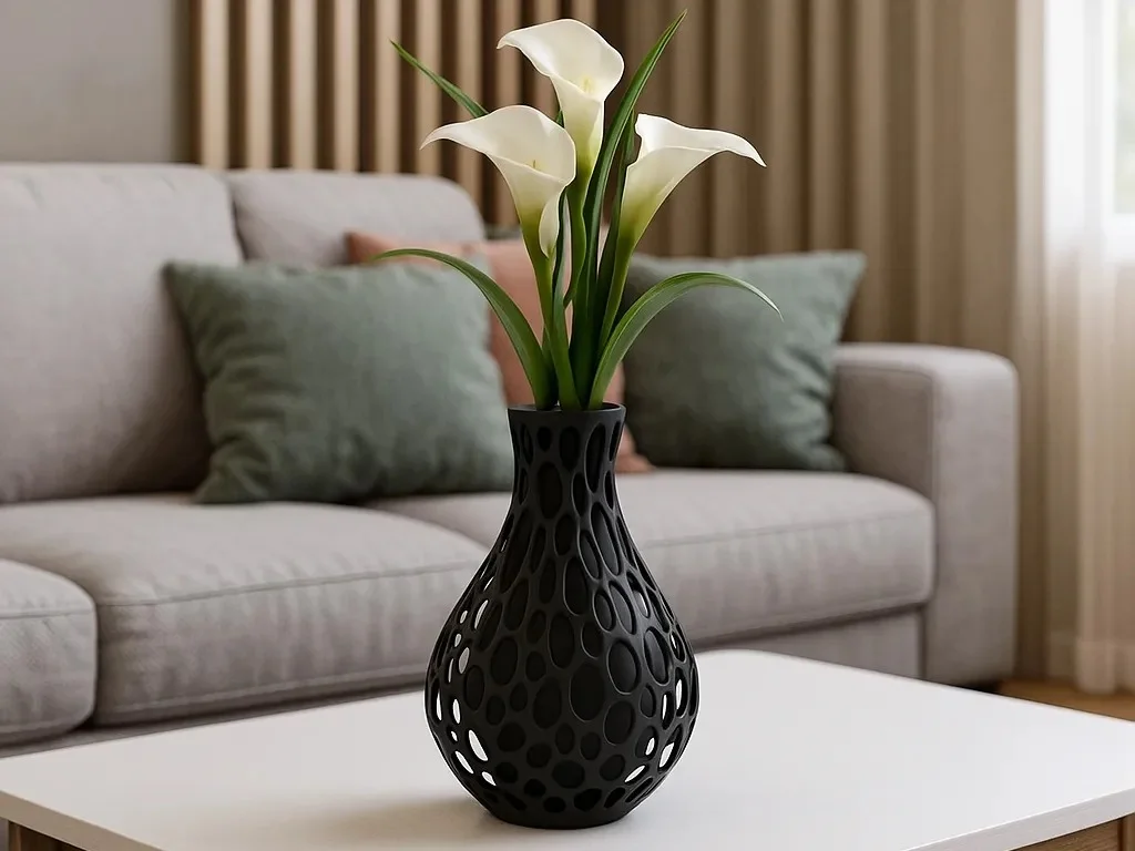 3D Baskı Delik Desenli Dekoratif Vazo Modern Petek Dokulu Kuru Çiçek Vazosu Heykelsi Obje Siyah