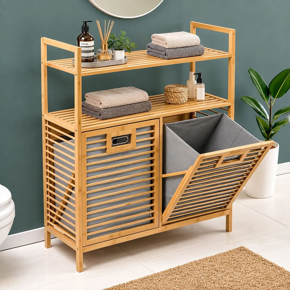Bambu Kirli Çamaşır Sepeti 2 Bölmeli 2 Kat Organizer 80x33x87 cm görsel 4