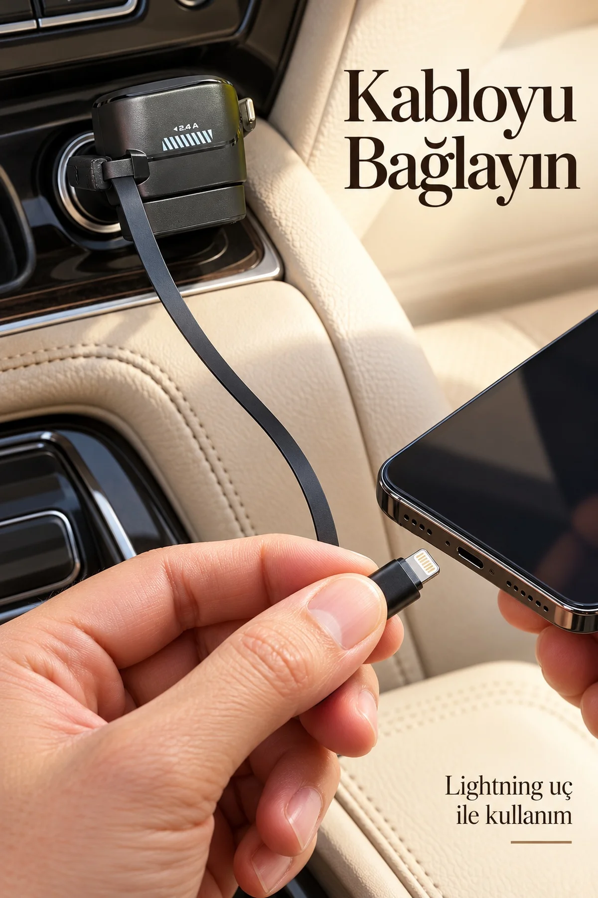 Makaralı Kablolu Araç İçi Hızlı Şarj Cihazı Type C ve Lightning görsel 3