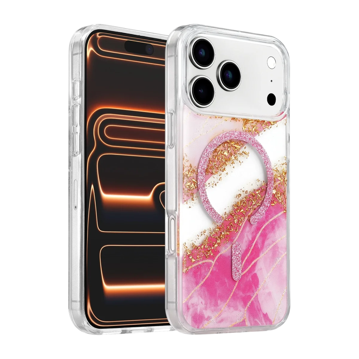 Onegif Apple İphone 17 Pro Max Lotus Simli Magsafe Kapak - Pembe