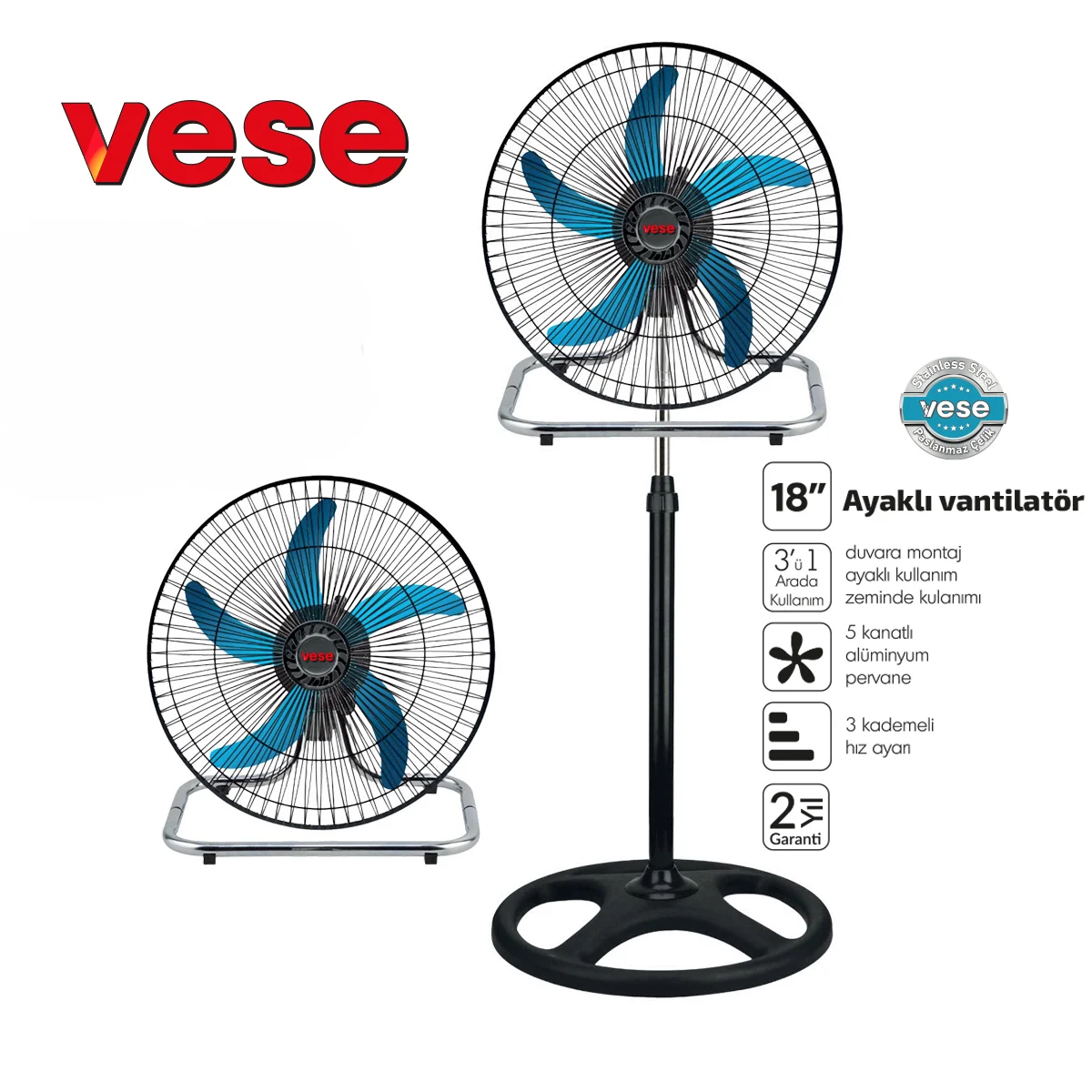 Sanayi Tipi Ayaklı Vantilatör - 5 Metal Kanatlı, 3 Kademe Hız görsel 2