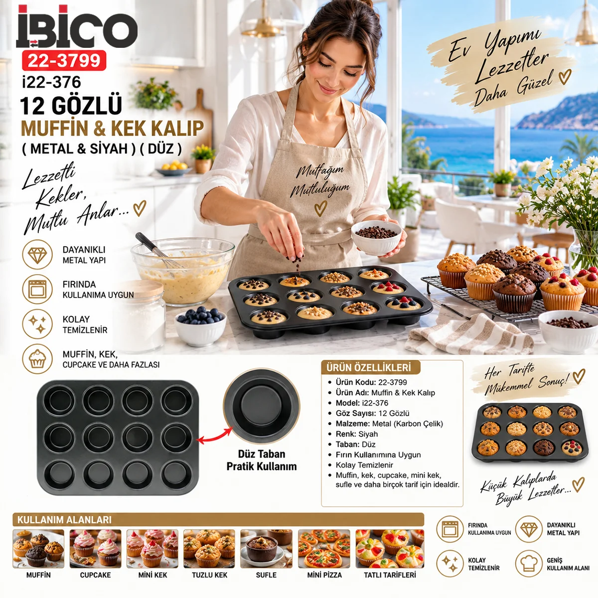 12 Gözlü Metal Muffin Kek Kalıbı - Siyah (Düz) görsel 5