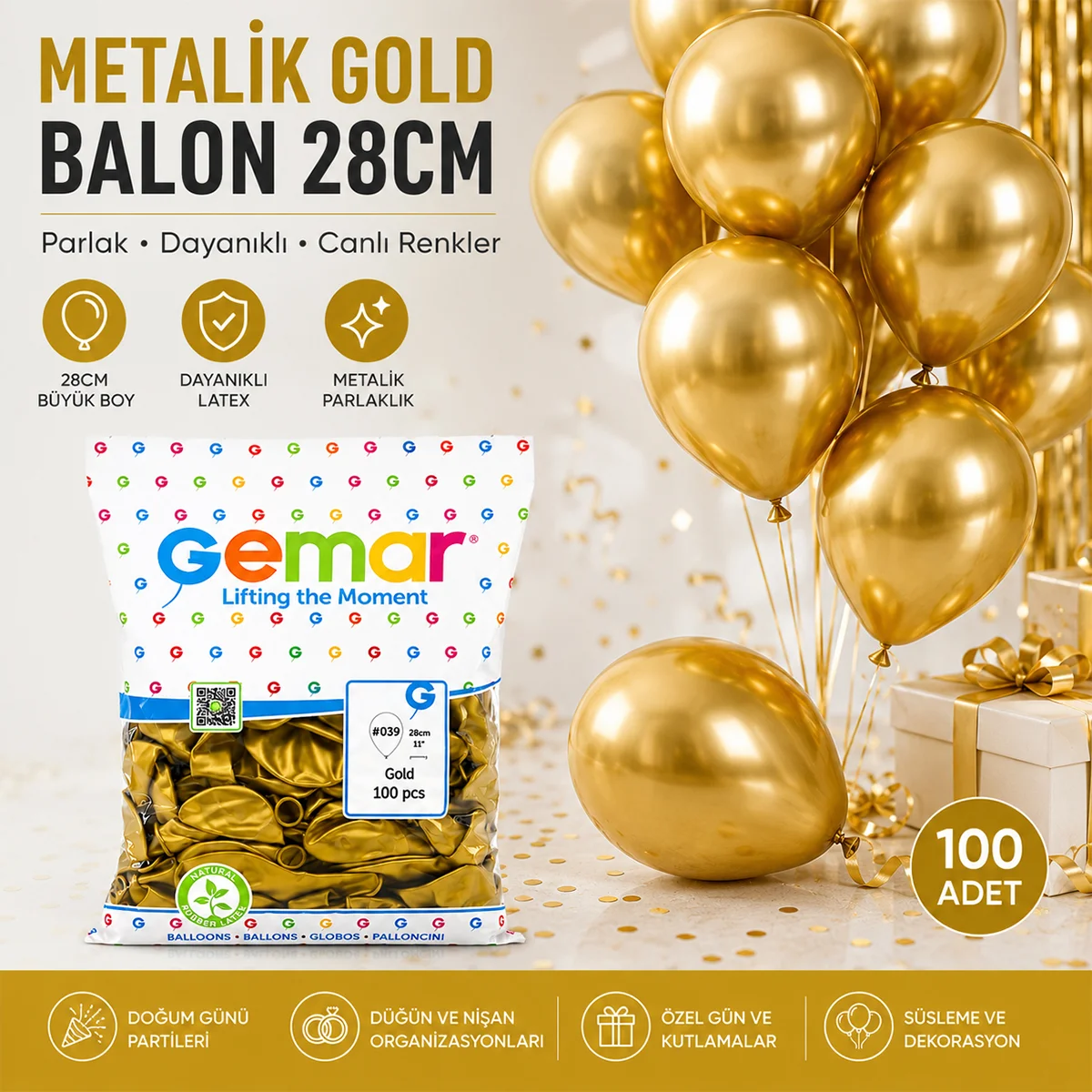 Metalik Gold Balon 100'lü görsel 3