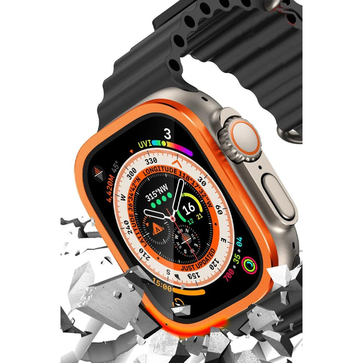 Apple Watch Ultra 49mm Alünyum Kasa Cam Ekran Koruyucu - Turuncu