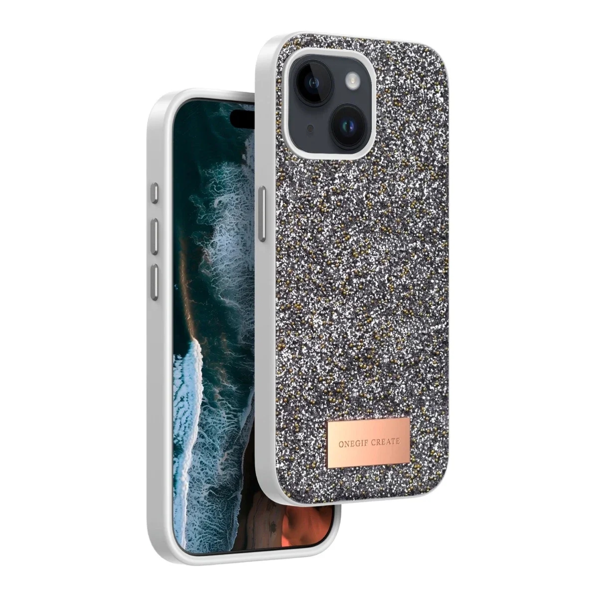 Onegif Apple iPhone 15 Bright Simli Kapak - Gümüş