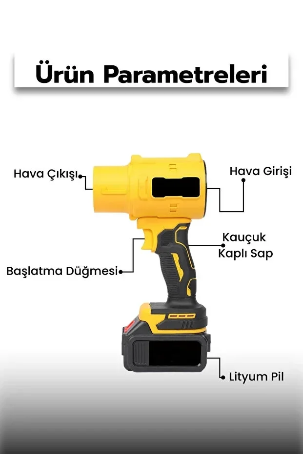 21V Kablosuz Hava Üfleyici | 32.000RPM Turbo Fan, 12.000mAh Batarya, Bahçe &amp; Araç Kurutma / Sarı görsel 2