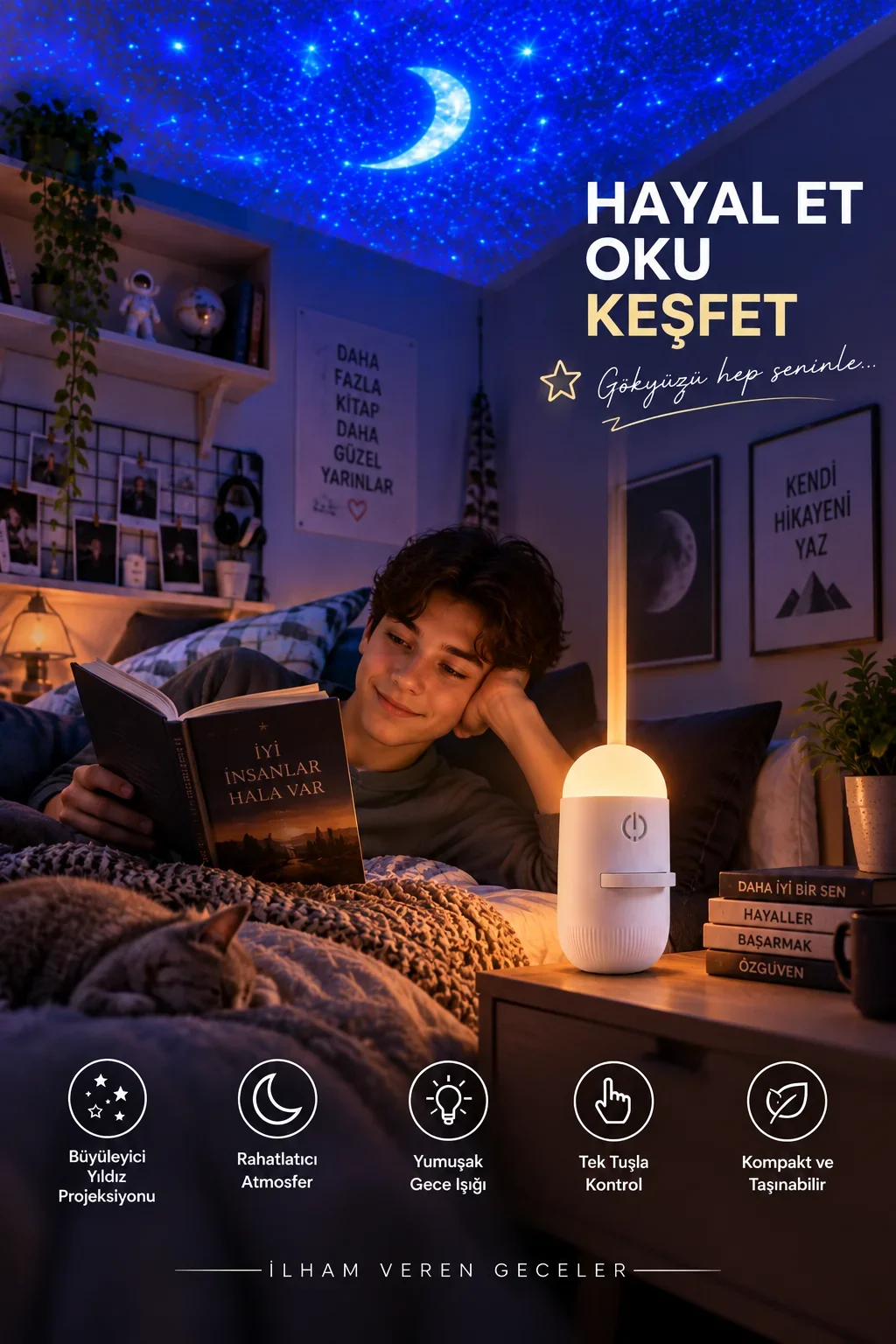 Romantik Atmosfer İçin Ay Yıldız Projeksiyonlu Gece Lambası görsel 4