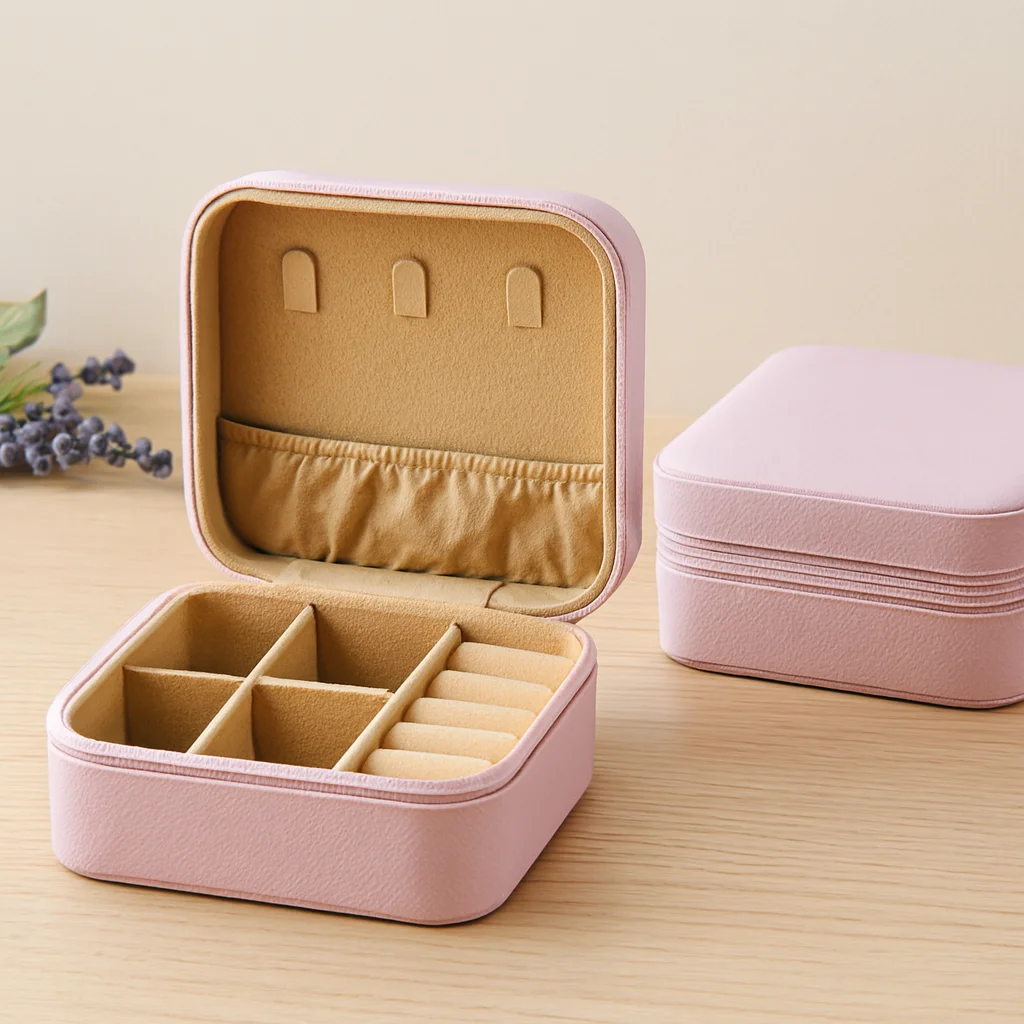 ni Fermuarlı Takı Kutusu 10x10x5 cm - Suni Deri, 4 Bölmeli