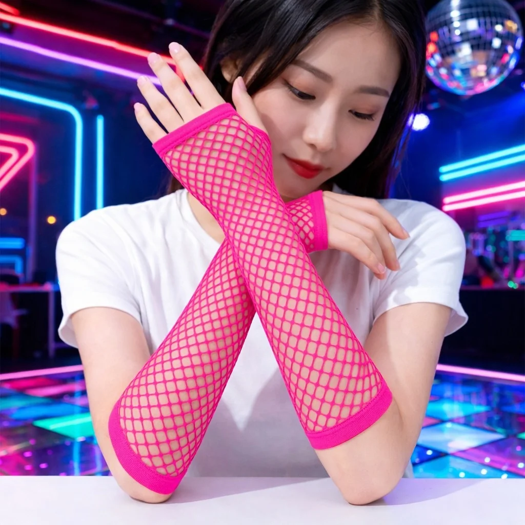 80’ler 90’lar Retro Neon Fuşya Şeker Pembesi File Parmaksız Eldiven 26 cm görsel 3