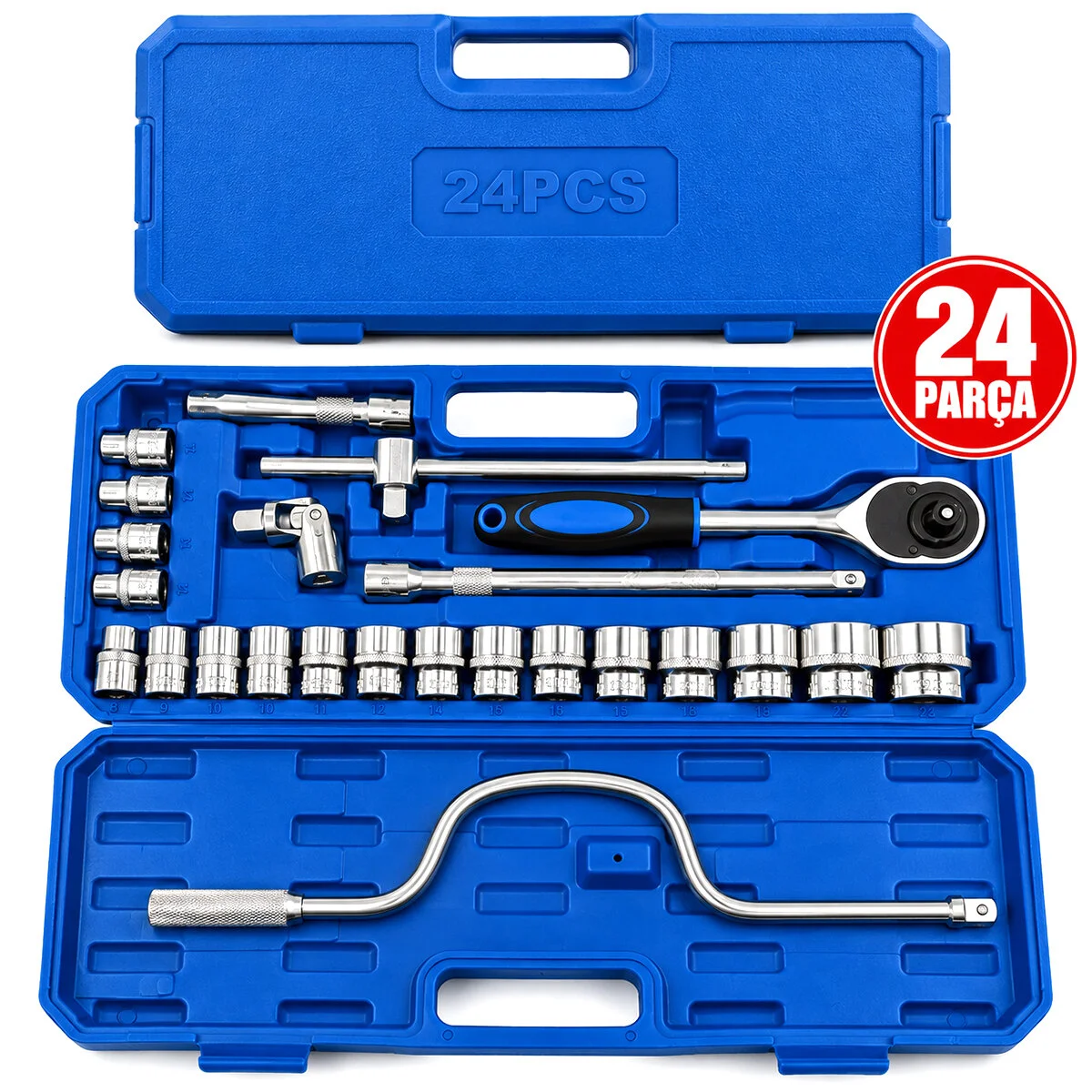 24 Parça 1/2 Inc Dr.socket Set Lokma - Soket - Adaptör - Cırcır Kolu Chrome Vanadıum Metal Çantalı görsel 2
