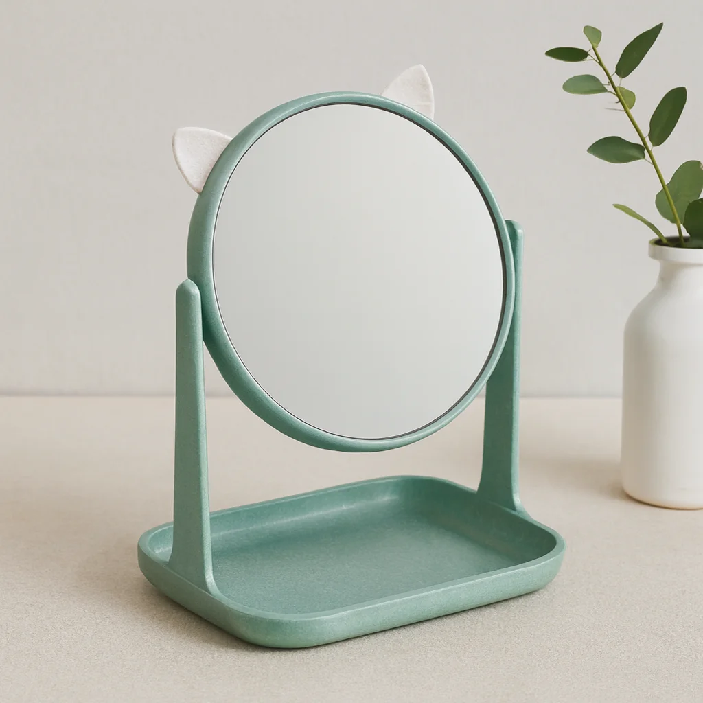 Yuvarlak 15 cm Plastik Makyaj Aynası (Kulaklı, Sepetli)