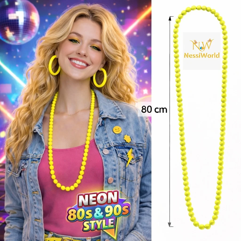 Neon Sarı Boncuk Kolye 80 cm – Retro 80’ler 90’lar Parti Aksesuarı görsel 2