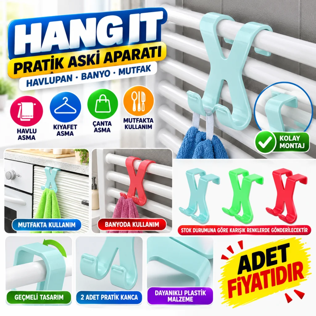 Hang it Pratik Kolay Taşımabilir Havlupan 2 Kancalı Banyo Askısı (adet fiyatıdır)