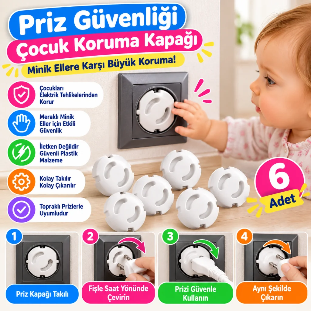 Bebek Çocuk Priz Koruma Kapağı (6 Adet) Çocuk Güvenliği, Priz Muhafazası, Priz Kapatıcı