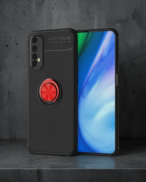 Realme 7 Kılıf Range Yüzüklü Silikon - Siyah-kırmızı