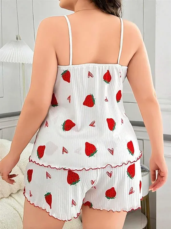 Büyük Beden Çilek Desen Pamuklu Şortlu Pijama Takımı görsel 4