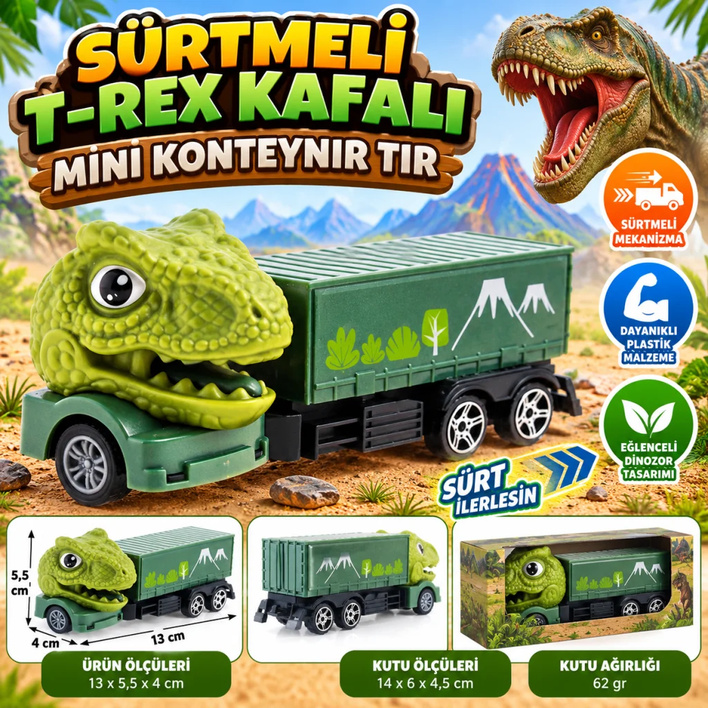 Sürtmeli T-Rex Kafalı Mini Konteynır Tır