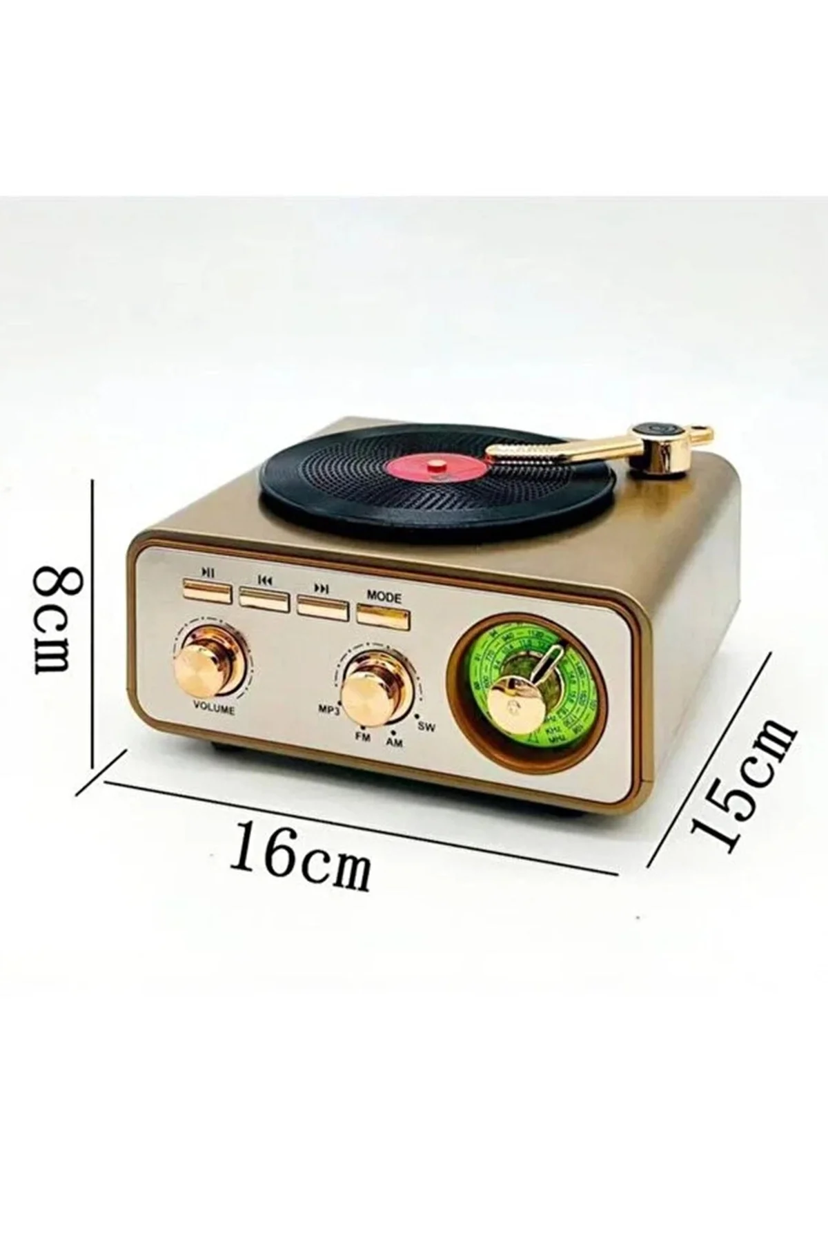 Metalik Nostaljik Tasarım Plak Çalar Görünümlü Radyolu Bluetooth Hoparlör Retro Müzik Plak görsel 5