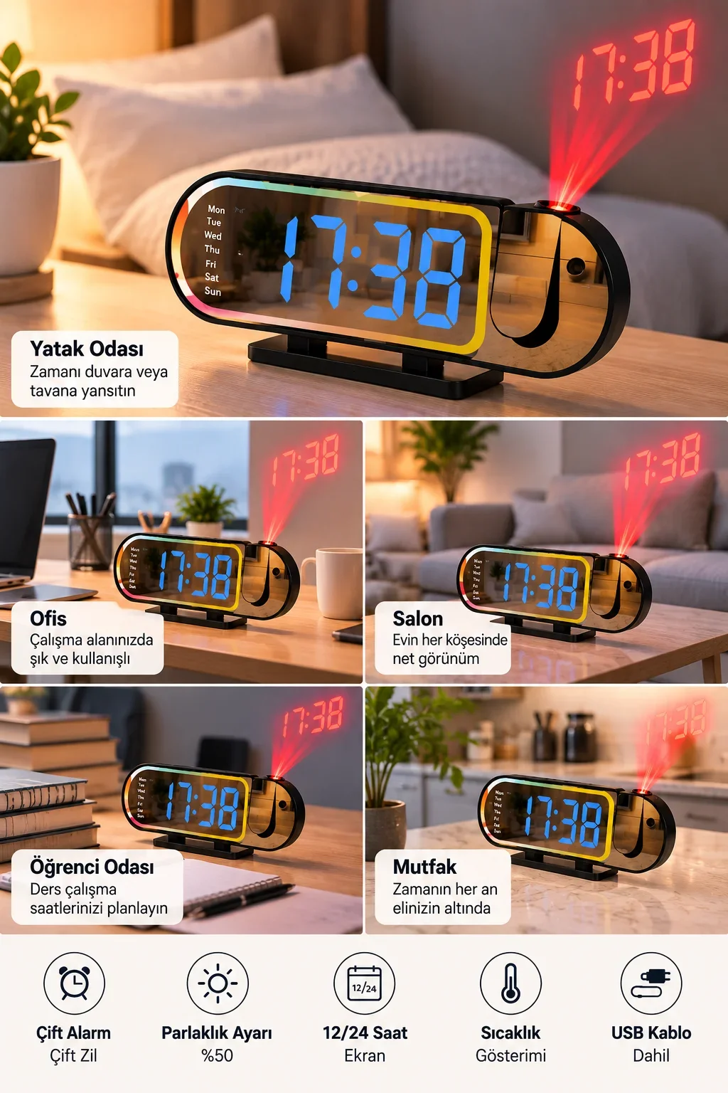 Şık Tasarımlı LED Masa Saati Dijital Ekran Alarm 12 24 Saat ve Sıcaklık Göstergeli görsel 5