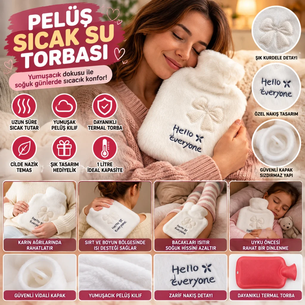 Hello Everyone Yazılı Kurdeleli Beyaz Peluş Sıcak Su Torbası 1 Lt – Yumuşak Kılıf, Uzun Süre Sıcak Tutan Termal Su Torbası