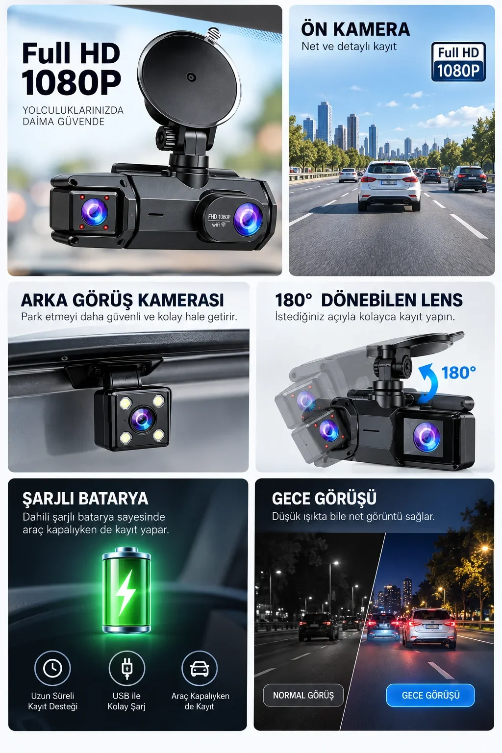 Ön Arka Kayıt 1080P Full HD 180° Geniş Açı Şarjlı Kullanım görsel 2