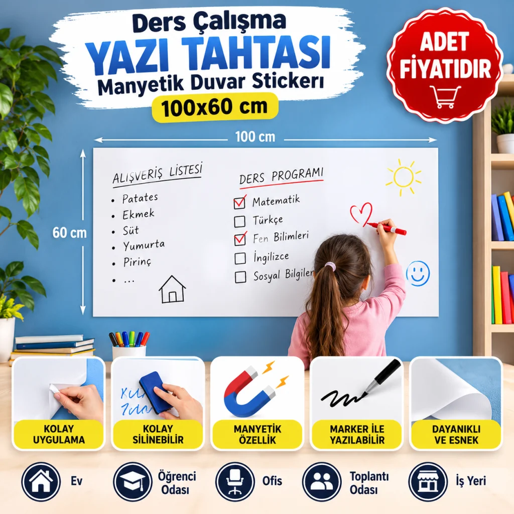 Ders Çalışma Yazı Tahtası Manyetik Duvar Stickerı 100x60 cm (adet fiyatıdır)