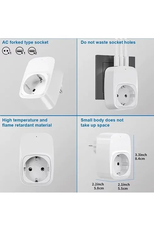 Tekli Yüksek Voltaj Korumalı Duvar Prizi 2X Type-C 1X USB Çıkışlı Priz Grup Priz Çoğaltıcı siyah görsel 3