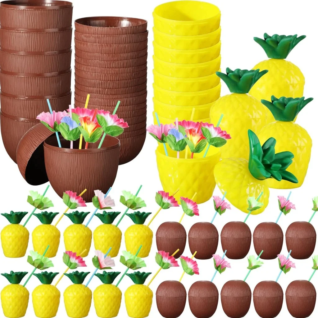 Tropikal Parti Bardak Seti – Ananas ve Hindistan Cevizi Şekilli Pipetli Bardaklar (20 Adet) görsel 2