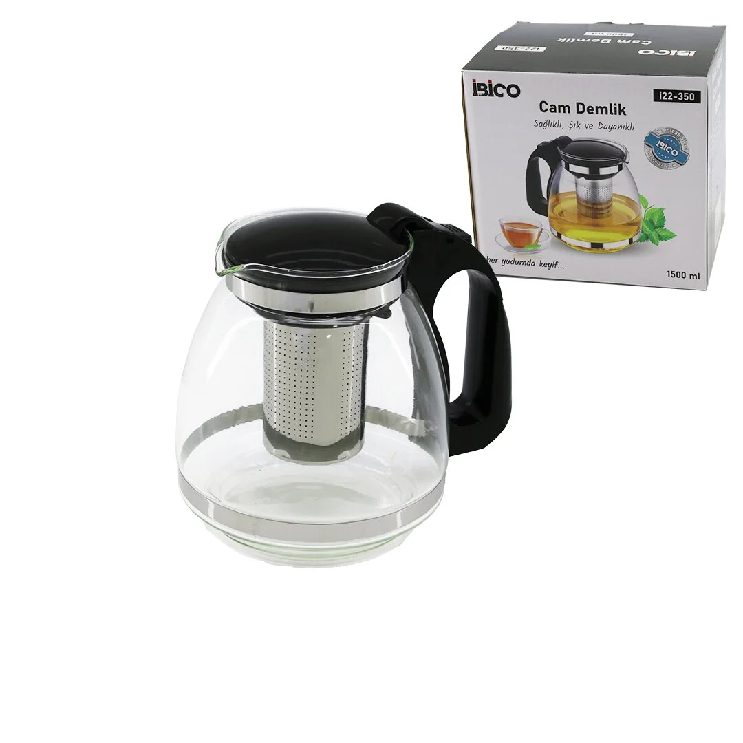 1500ML Cam Demlik Çelik Süzgeçli - Plastik Kulp - Kapak - Krom Çerçeve