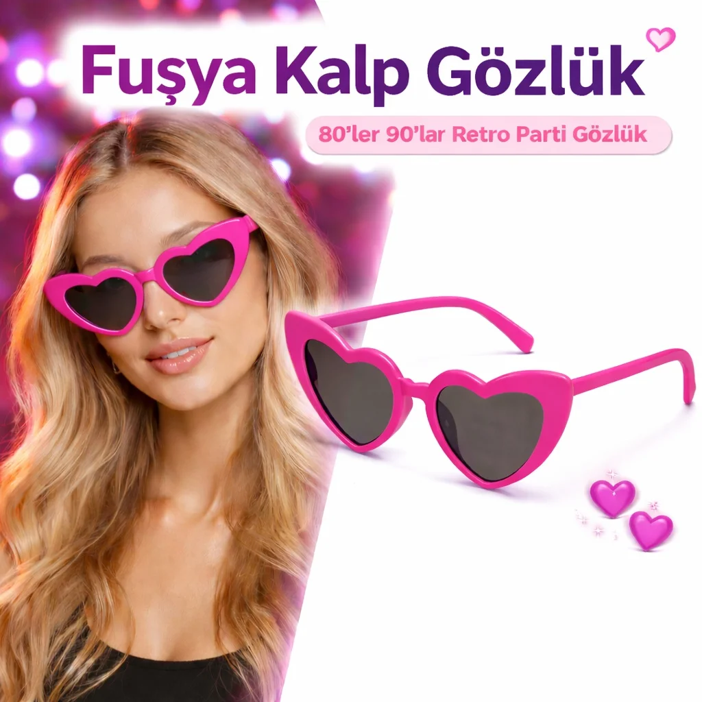 Fuşya Pembe Retro Kalp Gözlük – 80’ler 90’lar Stil Parti Gözlüğü görsel 2
