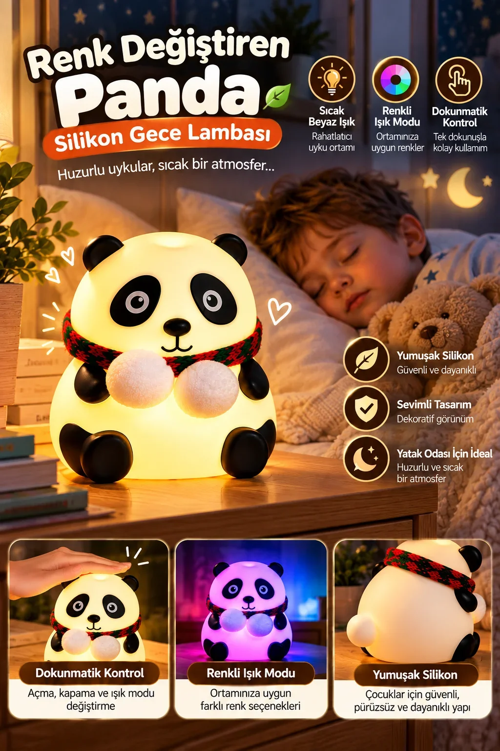 Renkli Işık Modlu Silikon Panda Gece Lambası Dokunmatik Kontrollü Sevimli Dekoratif