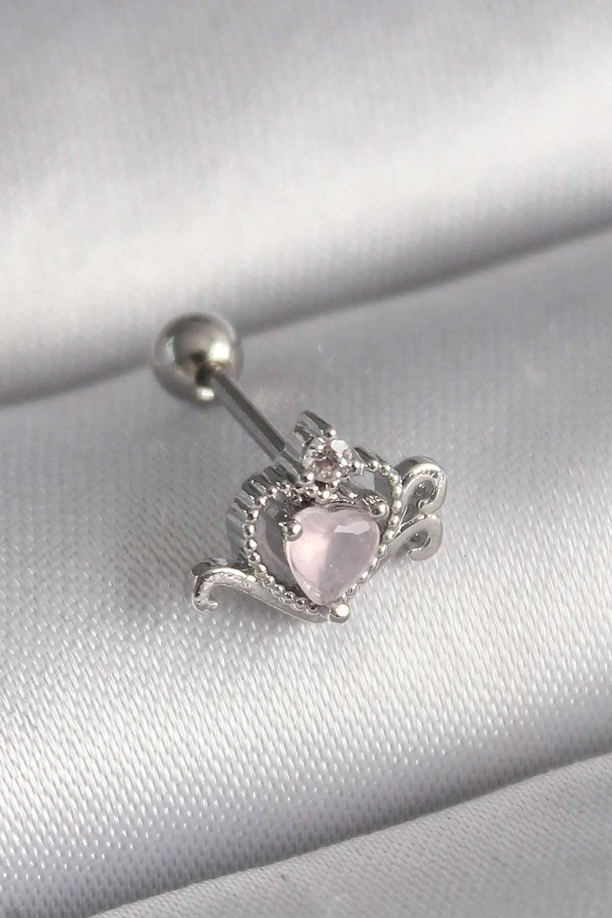 316L Çelik Gümüş Renk Pembe neli Kalp Zirkon Taş Detay Tragus Piercing