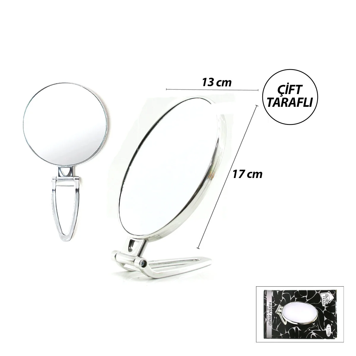 Oval - Gümüş 6.5 INC=16.5X13CM Makyaj Aynası Çift Taraflı Katlanır Ayaklı