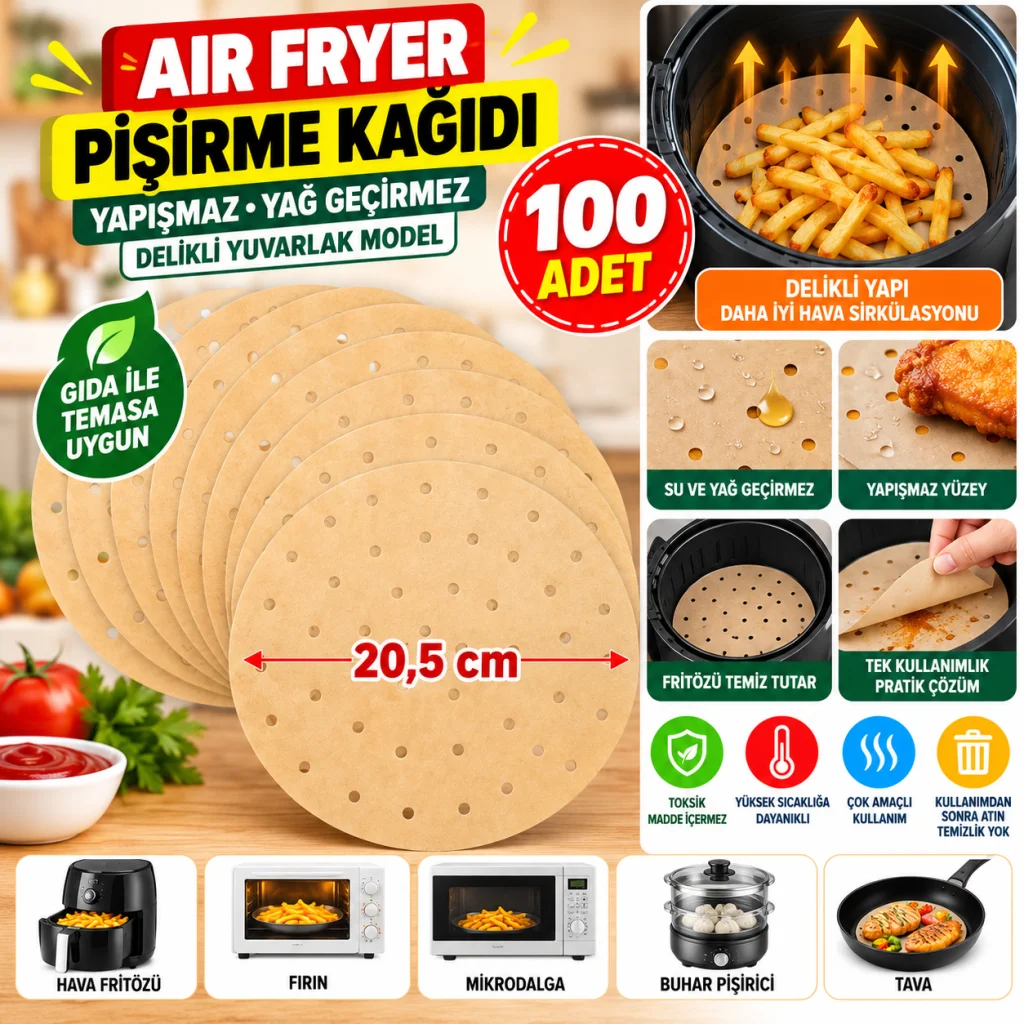 100 Adet Air Fryer Pişirme Kağıdı Tek Kullanımlık Hava Fritözü Yuvarlak Delikli Model